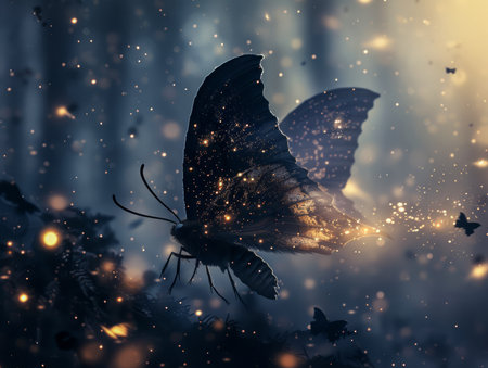 Mystical Butterfly in Enchanted Forest with Sparkling Lights and Magical Atmosphere AI Generativeの素材