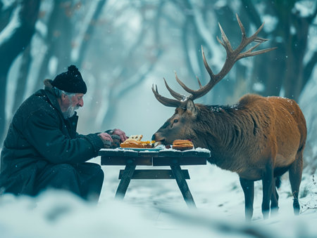 Elderly Man Sharing A Peaceful Meal With A Majestic Deer In A Snow Covered Winter Forest AI Generativeの素材