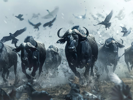 Dramatic Stampede of Wild Buffaloes in Dust with Flying Birds in a Moody, Mysterious Landscape AI Generativeの素材