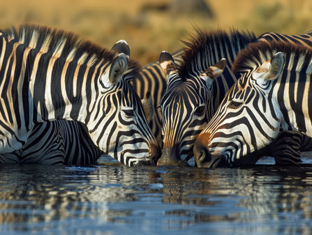 Herd of Zebras Quenching Thirst at Watering Hole in Golden Hour Light, Vibrant Wildlife Scene in African Savannah AI Generativeの素材