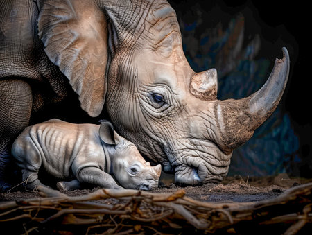 Tender Moment Between Mother Rhino and Her Baby in a Serene Natural Setting, Illustrating Family Bond and Wildlife Care AI Generativeの素材