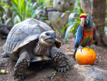 Galapagos Giant Tortoise and Colorful Macaw Parrot in Lush Environment with Tropical Fruits AI Generativeの素材