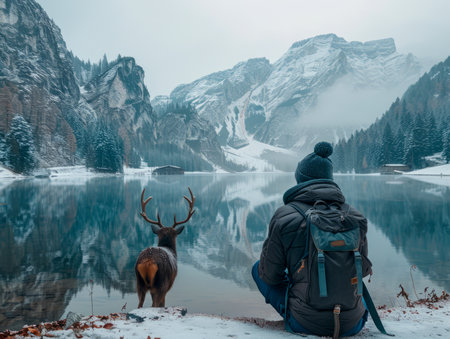 Tranquil Winter Scene with Person and Deer Contemplating Snowy Mountain Lake Landscape AI Generativeの素材