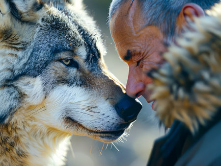 Intimate Moment of Connection Between Grey Wolf and Elderly Man with Respectful Gaze Outdoors AI Generativeの素材
