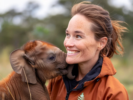 Happy Woman in Outdoor Setting Smiling as Adorable Brown Puppy Gives Her a Sweet Kiss on Her Cheek AI Generativeの素材