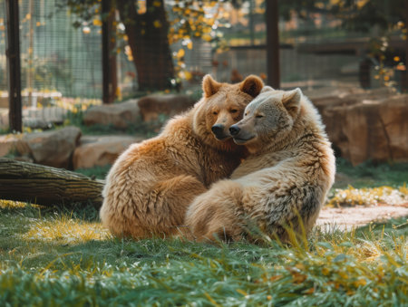 Two Brown Bears Embracing in a Warm Hug Amidst Lush Greenery in a Natural Wildlife Setting AI Generativeの素材