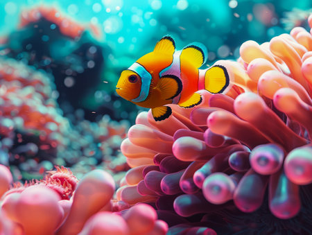Vibrant Clownfish Swimming Amongst Colorful Coral Reefs in a Tropical Underwater Seascape AI Generativeの素材