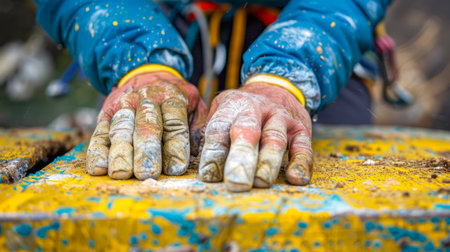Artisan Hands Covered in Paint Resting on a Colorfully Stained Workspace, Art Creation Process AI Generativeの素材