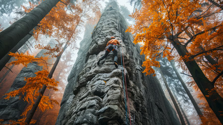 Adventure Climber Scaling a Majestic Rock Formation Amidst Vibrant Autumn Foliage in a Misty Forest AI Generativeの素材