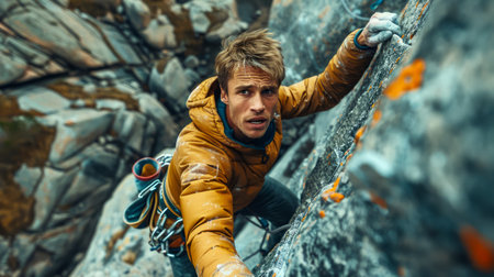 Determined Young Male Climber in Yellow Jacket Expertly Scales a Rugged Cliffside AI Generativeの素材