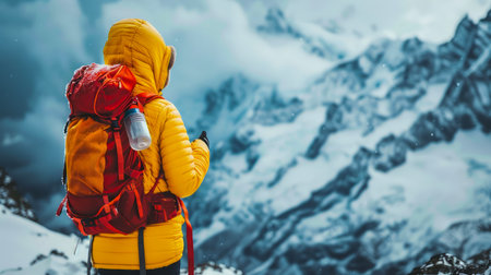 Adventurous Solo Traveler Contemplating Majestic Snow Capped Mountains in Winter Landscape AI Generativeの素材