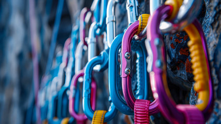Vibrant Collection of Carabiners and Climbing Gear Mounted on Rack at Climbing Gym or Outdoors AI Generativeの素材