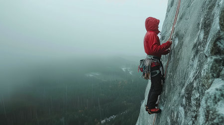 Adventurous Rock Climber Scaling a Steep Cliff Face with Misty Forest Background in Remote Nature Setting AI Generativeの素材