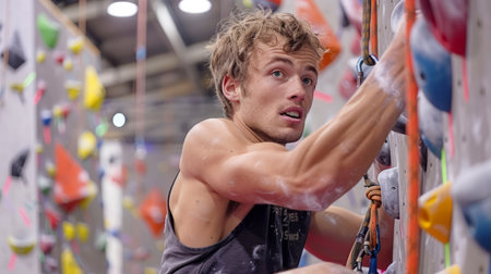 Determined Young Athlete Scaling an Indoor Climbing Wall with Skill and Focus, Fitness and Adventure Concept AI Generativeの素材
