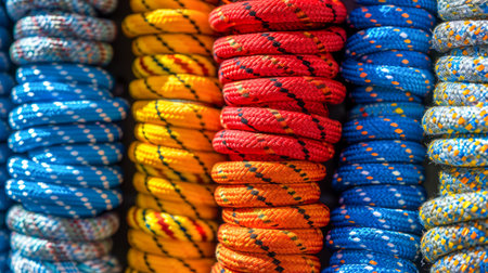 Colorful Assorted Climbing Ropes Displayed in a Store for Outdoor Sports and Recreation Activities AI Generativeの素材