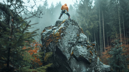 Adventurous Man with Backpack Standing on Rocky Mountain Summit Surrounded by Misty Forest AI Generativeの素材