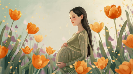 Tranquil Pregnant Woman Enjoying Nature Among Blooming Orange Tulips, Illustration of Maternity and Spring Harmony AI Generativeの素材