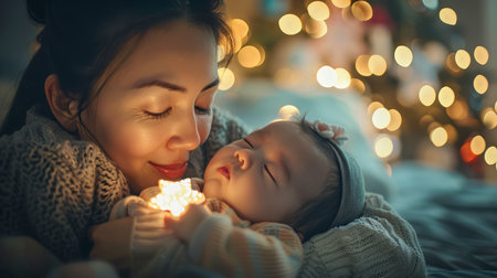 Tender Moment of Motherhood with Baby Sleeping Peacefully in Mother&#39;s Arms Against Festive Lights Background AI Generativeの素材