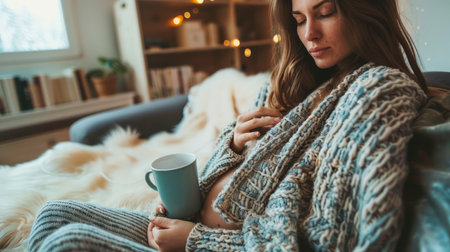 Young Woman Enjoying a Cozy Moment with a Warm Drink in a Comfortable Home Environment, Wrapped in a Knit Sweater AI Generativeの素材