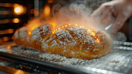 Artisan Baker Hand Sprinkling Flour on Freshly Baked Bread in a Rustic Oven, Gourmet Bakery Concept AI Generativeの素材