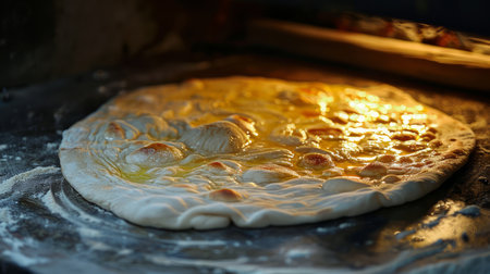 Fresh Handmade Pizza Dough Being Prepared With Natural Light in Traditional Kitchen Setting AI Generativeの素材