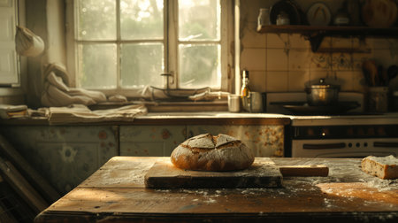 Tranquil Rustic Kitchen Scene with Sunlight Streaming through Windows onto Freshly Baked Bread on Cutting Board AI Generativeの素材
