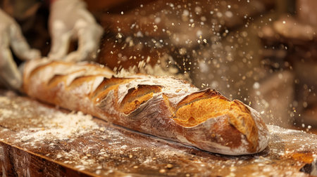 Freshly Baked Artisan Bread on Rustic Wooden Table with Flour Dusting in a Traditional Bakery Setting AI Generativeの素材
