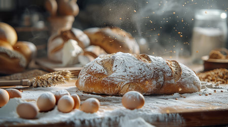 Freshly Baked Croissant on Wooden Table Surrounded by Assorted Bread, Flour Dust, and Ingredients in Warm Light AI Generativeの素材