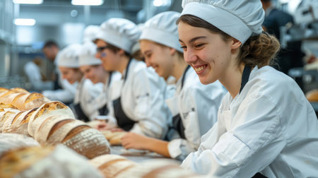Group of Professional Bakers with Freshly Baked Bread and Pastries at a Modern Bakery Production Facility AI Generativeの素材