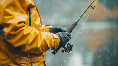 Fisherman in Yellow Raincoat Holding Fishing Rod During Rainy Weather, Outdoor Leisure Activity Concept AI Generativeの素材