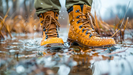 Durable Waterproof Hiking Boots on a Rainy Day Adventure through Wet Wilderness Terrain, Close up Outdoor Lifestyle AI Generativeの素材