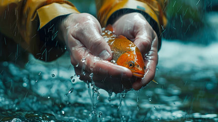 Close up of Hands Scooping Water in the Rain with Leaf, Raindrops Captured in High Detail AI Generativeの素材