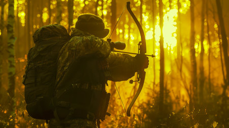 Hunter in Camouflage Gear Aiming Bow in Enchanted Forest at Sunset AI Generativeの素材