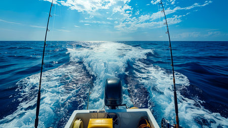 Motorboat Wake in Crystal Clear Blue Ocean Water with Horizon View on Sunny Day AI Generativeの素材