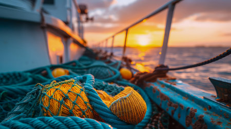 Majestic Sunset View from the Deck of a Boat with Nautical Equipment and Ropes AI Generativeの素材