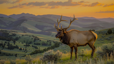 Majestic Elk Standing in Picturesque Mountain Landscape at Sunset with Vivid Colors and Scenic Beauty AI Generativeの素材