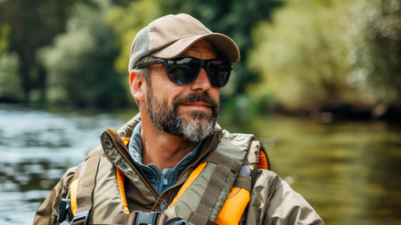 Middle Aged Bearded Fisherman in Sunglasses and Hat Enjoying a Peaceful Day by the River AI Generativeの素材