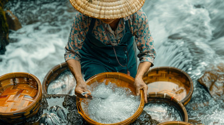 Traditional Asian Fisherman Using Cone shaped Nets in Rapid River for Sustainable Fishing AI Generativeの素材