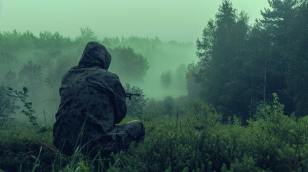 Solitary Figure in Rain Jacket Contemplating Nature Amidst Misty Forest AI Generativeの素材
