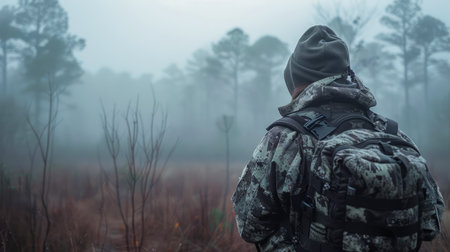 Mysterious Person in Camouflage Jacket Standing in Foggy Forest at Dawn AI Generativeの素材