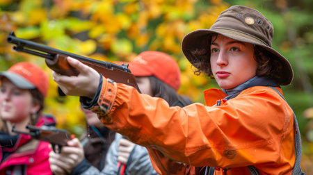 Woman in Orange Vest and Hat Aiming Shotgun During Hunting Trip in Autumn Forest AI Generativeの素材