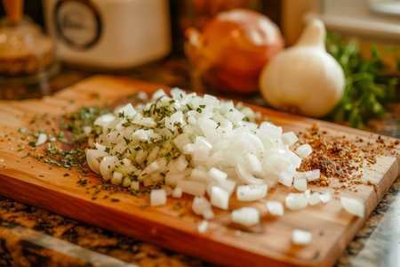 Freshly Diced Onions and Herbs on Wooden Cutting Board in Kitchen Setting with Spices AI Generativeの素材
