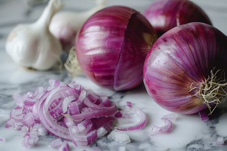Fresh Red Onions with Garlic on a Marble Surface Whole and Sliced Bulbs for Culinary Concepts AI Generativeの素材
