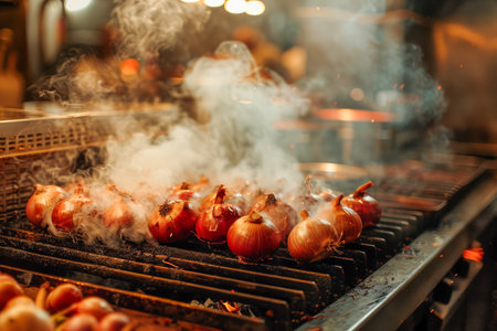 Juicy Grilled Sausages on a Barbecue Grill With Smoke, Gourmet Summer BBQ Scene, Food Background AI Generativeの素材