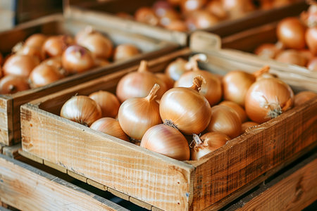 Fresh Organic Yellow Onions in Wooden Baskets at a Farmers Market Healthy Eating and Agriculture Concept AI Generativeの素材
