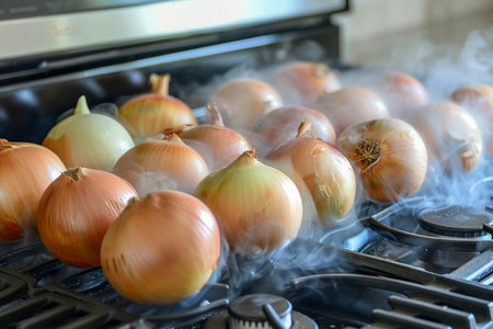 Fresh Whole Yellow Onions Roasting on Stovetop Grill with Rising Steam in Home Kitchen AI Generativeの素材