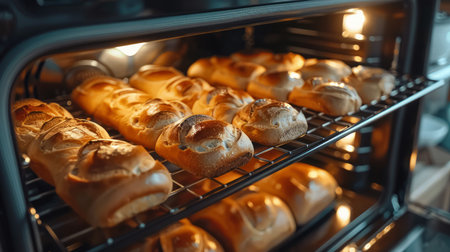 Fresh Homemade Bread Loaves Golden Brown Baking in Modern Oven, Delicious Bakery Goods, Home Cooking Concept AI Generativeの素材