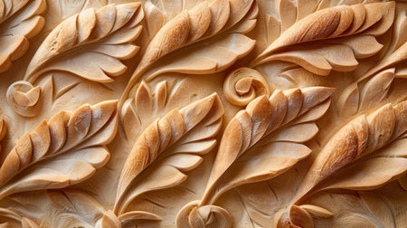Elegant Hand Carved Wooden Leaves Close Up, Artisan Craft Detail, Decorative Organic Patterns Background AI Generativeの素材