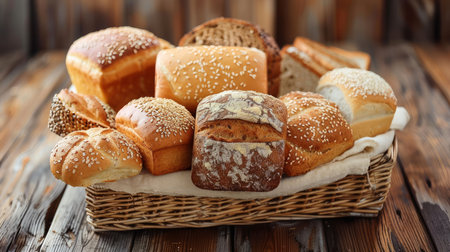 Assorted Freshly Baked Artisan Bread in a Rustic Basket on Wooden Table Background for Gourmet Bakery Concept AI Generativeの素材