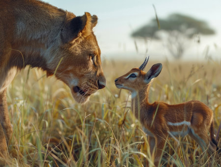 Majestic Lioness Gently Interacting with a Young Antelope in a Serene Savanna Landscape at Sunset AI Generativeの素材